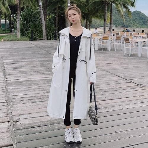 Fashion Korean Drawstring Zipper Hooded Trench Coat for Women Spring Fall Clothes Lady Loose Casual Long Windbreaker Cloak F177