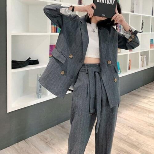 Wenfly Women Casual Loose Two Pieces Sets Double Breasted Blazer Jacket Belted High Waist Panta Office Ladies Streetwear