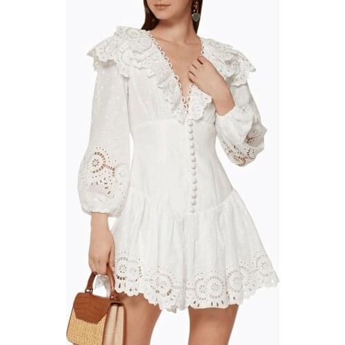 2020 New Arrive White Dot Lace Dress Women Summer Sexy V-neck Lantern Sleeve Ruffles Hollow Out Embroidery Dresses Boho Vestidos