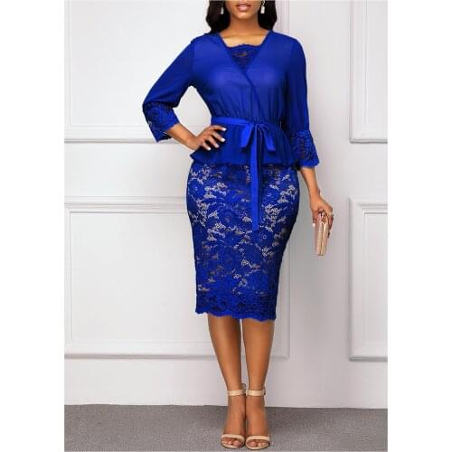 Women 2021 Autumn Fashion Sexy V-neck Solid Slim Bodycon Dress Vintage Half Sleeve Bandage Lace Patchwork Party Dress