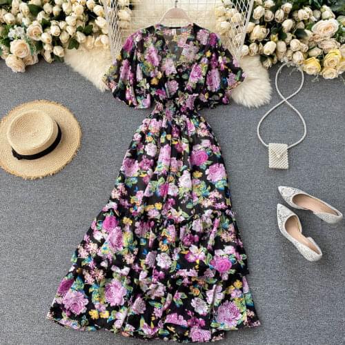 Women New Fashion V-neck Ruffled High Waist Slim Floral Print Casual Dress Lady Sexy Vestidos Mujer P211