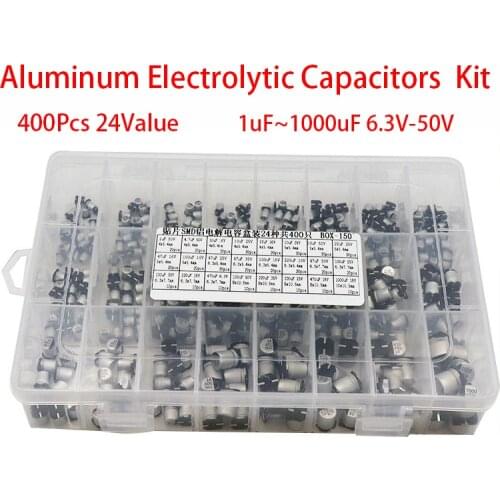 1uF~1000uF 6.3V-50V 400Pcs 24Value SMD Aluminum Electrolytic Capacitors Assortment Kit + Box