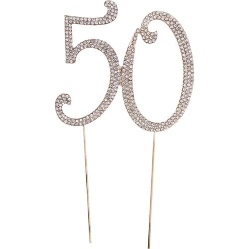 50 Cake Topper for 50th Birthday Party or Anniversary Crystal Rhinestones Decorative Cake Topper for Party Supplies (Gold)