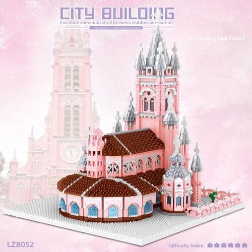7017pcs Mini Building Blocks Pink Church Jesus Sacred Heart Church 3D Architectural Model Decoration DIY Childrens Toy Gift