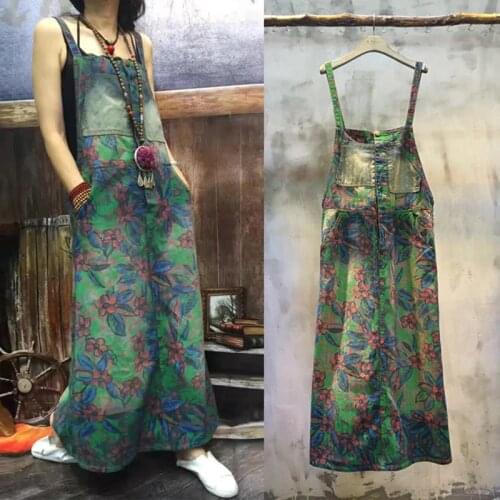 Free Shipping 2019 New Arrival Vintage Flower Print Water Wash Denim Long Maxi Strap Dresses With Pockets For Women S-L Loose