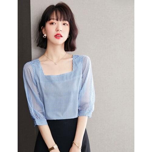 Blue Womens Blouse Summer 2021 Fashion Vintage Square Collar Half Sleeve Striped Shirts And Tops Femme