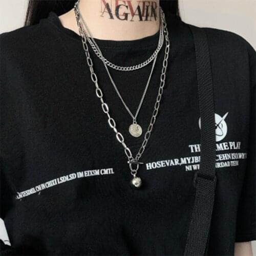 Fashion Metal Ball Coin Pendant Design Punk Chic Metal Long Chain Necklace For Women Mens Multilayer Necklace Jewelry
