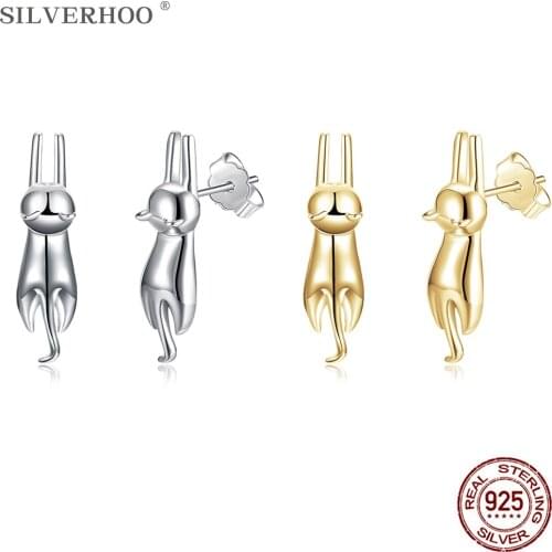 SILVERHOO 925 Sterling Silver Earrings For Women 2 Colors Minimalist Cat Shape Cute Stud Earring Hot Selling Party Fine Jewelry