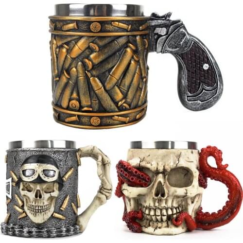 Gothic Devoured Octopus Skull Tankard Stainless Steel insert Hand-painted Beer mug Kraken Ghost Festival Mug