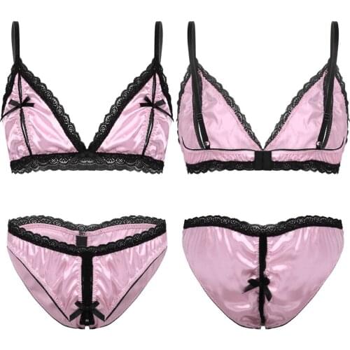 Open Nipple Bra Panty Underwear Set Mens Sissy Silky Lace Trim Nipple Splits Bra Top with Low Rise Crotchless Briefs Underwear