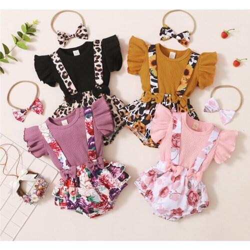 0-18M 3pcs Infant Baby Girls Clothes Sets Ruffles Fly Sleeve Solid T Shirts Flowers Overalls Shorts Headband
