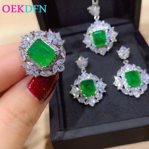 OEKDFN 100% 925 Sterling Silver Jewelry Set Vintage Emerald Gemstone Earrings/Rings/Necklace Wedding Engagement Bijoux Female