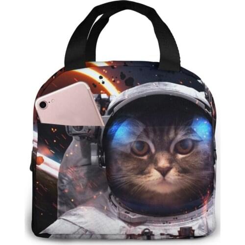 Portable Lunch Bag Cat At The Spacewalk Thermal Insulated Lunch Box Tote Cooler Bag Bento Pouch Lunch Container Food Storage Bag