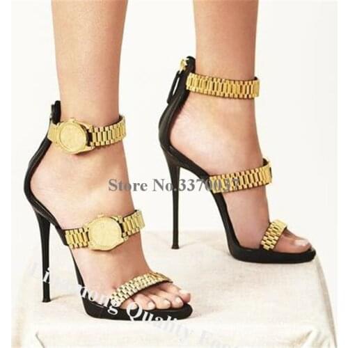 Linamong Newest Gold Watch Chains Decorated Stiletto Heel Gladiator Sandals Black Patchwork High Heel Sandals Formal Dress Heels