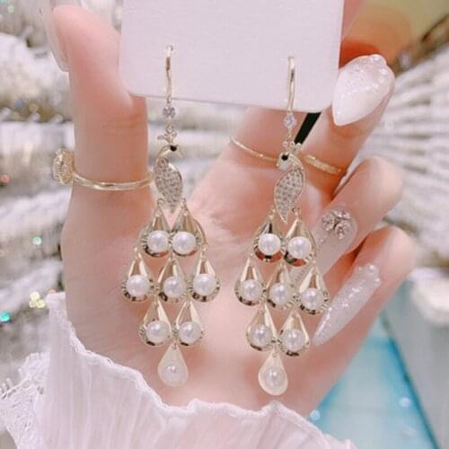 Exaggerated Peacock Pearl Earrings exquisite Women jewelry party accessory Pendant High Quality vintage Trend Hanging earrings