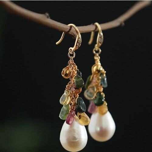 Handmade custom natural freshwater pearl tourmaline fashion retro earrings