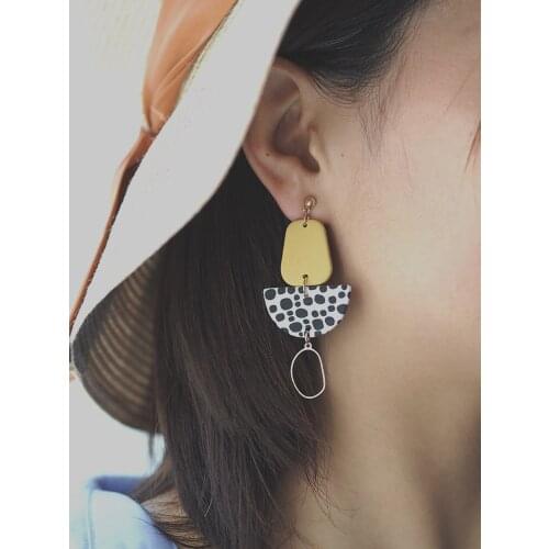 2021 Fashion Handmade Gold Foil Polymer Clay Earrings Geometric Drop Dangle Pendant Unique Trendy Dots Statement Art Earrings