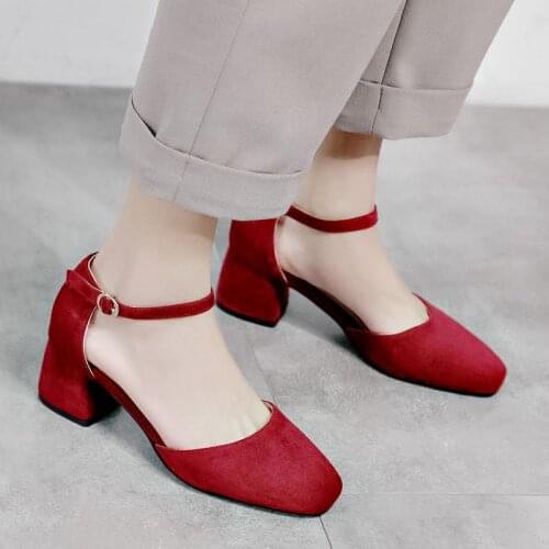 AGODOR New Arrival Women Dorsay Pumps Mid Chunky Heel Casual Ankle Strap Pumps Women Shoes Velvet Elegant Shoes Size 34-43