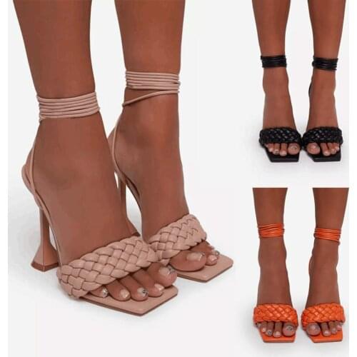 New High Heels Stiletto Women Heels Low Cut Orange Apricot Black Summer Solid Color Braided Square Toe Fashion Sandals