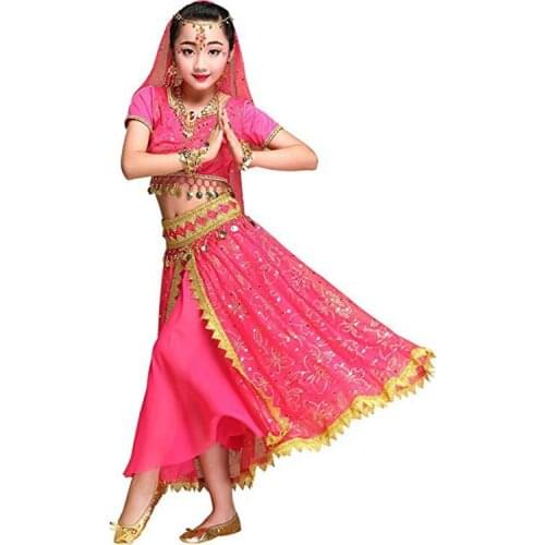 Belly Dance Costume Set Bollywood Girls Indian Women Dance Sari Bellydance Chiffon 5pcs (Headpieces Veil Top Belt Skirt)