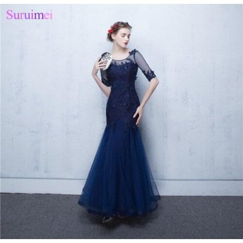 Free shipping Mermaid Formal Evening Dresses 2017 New Women Navy Blue Evening Gowns with Half Sleeve