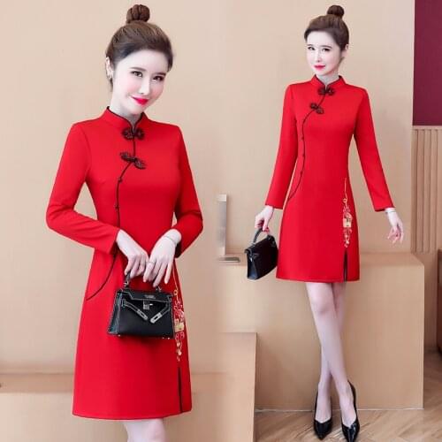 Chinese Style Vintage Embroidery Improved Cheongsam Women Long Sleeve Stand Collar Buckle Split Fork Slim Mini Dress Lady Qipao