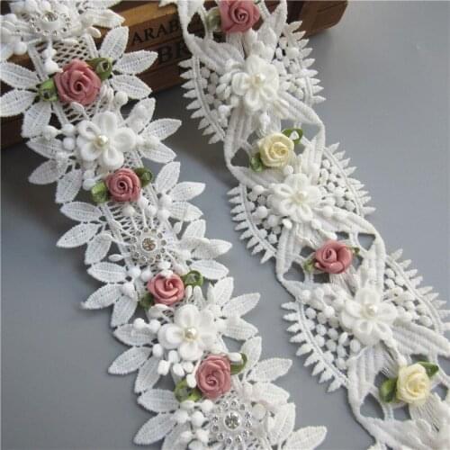 2yard/Lot White Cotton Rose Flower Pearl Embroidered Lace Trim Ribbon Fabric Sewing Craft For Costume Wedding Dress Decoration