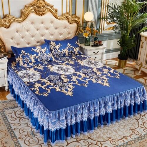 3 Pcs Luxury Ice Mat Fitted Sheet Bed Foldable Soft Machine Washable Bed Skirt Queen Bedspread with Pillwocases Home Textiles