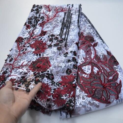 5yards/pc) high quality embroidered African soft French net lace fabric in white and wine color with beads for dress FLP226