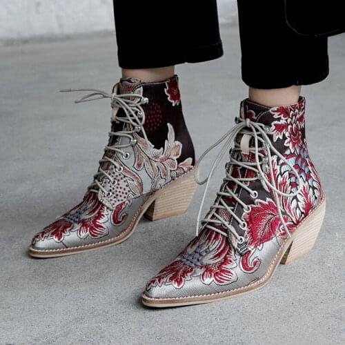 AGODOR Autumn New Retro Women Square Heel Embroidery Suede Boots Lace-Up Boots Pointed Toe Shoes Square Heel Shoes Ankle Boots