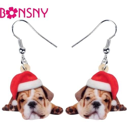 Bonsny Acrylic Christmas French Bulldog Pug Dog Earrings Drop Dangle Pets Gift Women Girl Teens Kids Festival Charms Decoration