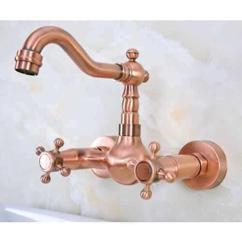 Antique Red Copper Brass Bathroom Kitchen Sink Faucet Mixer Tap Swivel Spout Wall Mounted Dual Cross Handles mnf946