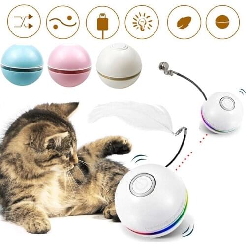 Automatic Smart Cat Toys Ball Interactive Catnip USB Rechargeable Self Rotating Colorful Led Feather Bells Toys for Cats Kitten