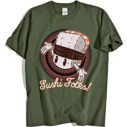 Comics Sushi Hip Hop Print Mens T-Shirt Loose Crewneck T Shirts Loose Breathable T Shirt Unisex Tops Summer Loose Clothing Man