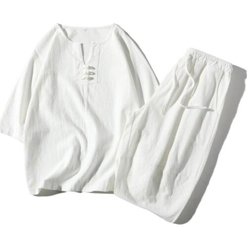 Traditional Chinese Style Clothing Loose Linen Breathable 3/4 Sleeve Tang Suit Hanfu Men Top+Pant Set Oriental Costume