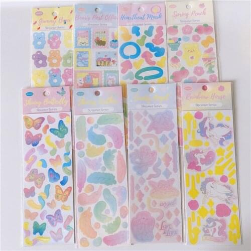 Colorful Cartoon Bear Unicorn Butterfly Cute Stickers Laser Flash Powder Collage Kawaii Shiny Stationery Diy Decorative Sticker