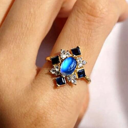 Faux Moonstone Square Rhinestone Women Finger Ring Party Engagement Wedding Jewelry Gift For Wife&Girlfriend