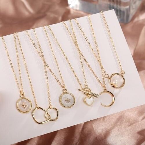 Minimalism Simple Gold Color Double Circle Pendant Necklace For Women Girls Geometric Moon Heart Pendants Clavicle Necklace Gift