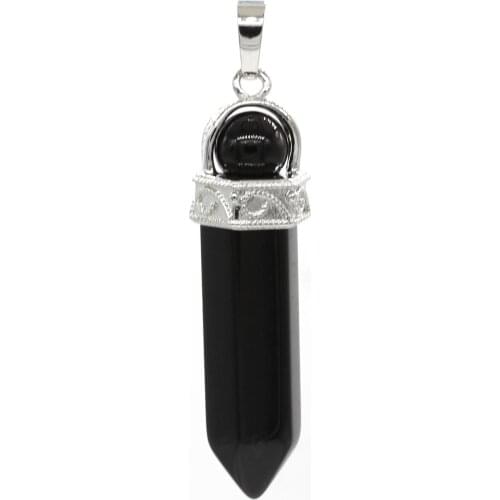 Trendy-beads Simple Style Silver Plated Hexagon Pillar With Beads Pendant Black Agates Jewelry