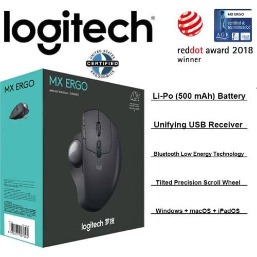 Logitech MX ERGO Wireless Bluetooth Trackball Mouse with Rechargeable Li-Po Battery Unifying USB Receiver 0-20 Degrees Angle