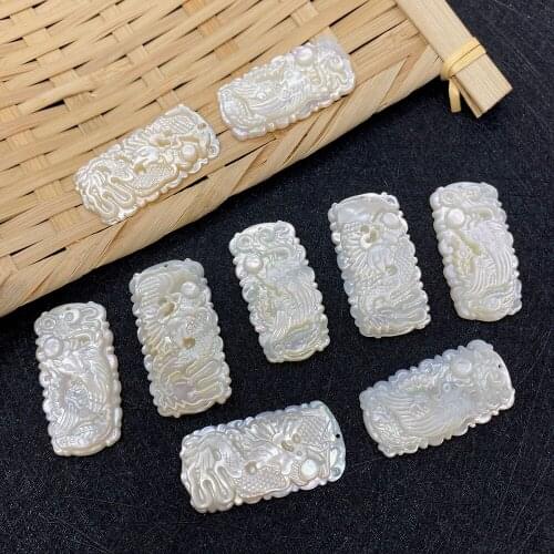 Natural Shell Rectangular Pendant Dragon and Phoenix Pattern Carving DIY Jewelry Making Necklace Earrings Amulet 1 Piece/pack