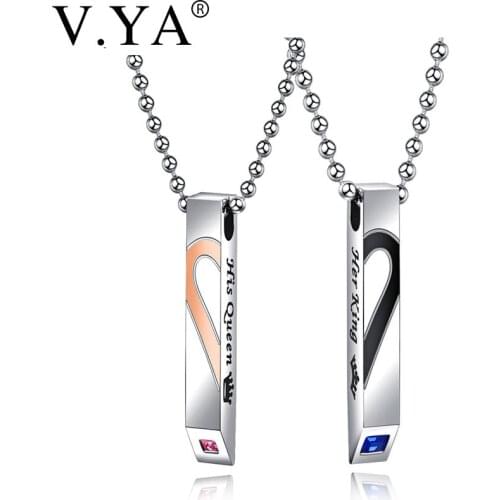 V.Ya Couple Neckalces "King & Queen,Beauty & Wisdom"Crystal Heart Stainless Steel Name Lover Jewelry Valentines Birthday Gifts