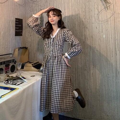 A-line Dresses V-neck Plaid New Womens Clothing Spring Autumn Vintage Long Sleeve Female Dress Fashion Brand Ins Hipster