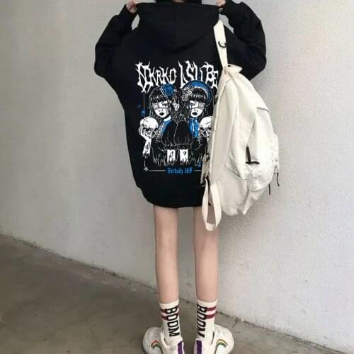 Black Harajuku Vintage Overized Sports Oversized Graphic Print 90s Goth Punk Winter Plus Velvet Padded Hoodie Hip hop Streetwear