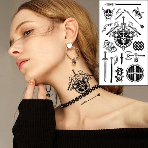 Waterproof Temporary Tattoo Sticker Skull Warrior Totem Dragon Ax Sword Letter Valhalla Flash Tatoo Fake Tatto for Men Women