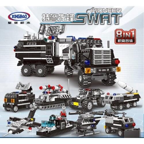 XINGBAO New 8 IN 1 Special Police Helicopter Rocket Launcher Fighter Warship Set Multiple Gameplay Small Building Blocks Toys