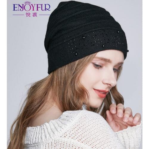 ENJOYFUR womens winter knitted hats thick wool rhinestone girl bonnets fashion striped ladies warm casual beanies clearance