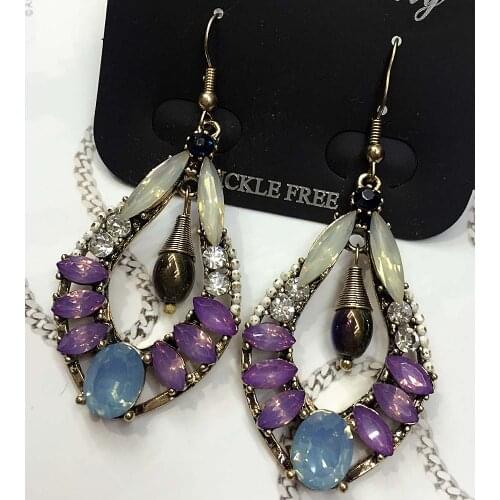 Blue Purple White Opalescence Glass Fashion Long Earring Women Fashion Jewelry New arrival metal with gems stud for Girls E971