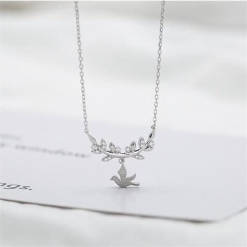 Real 925 Sterling Silver Zircon Leaves Branch Cute Swallow Bird Peace Dove Necklace for Women Fine Jewelry Gifts Female SN182
