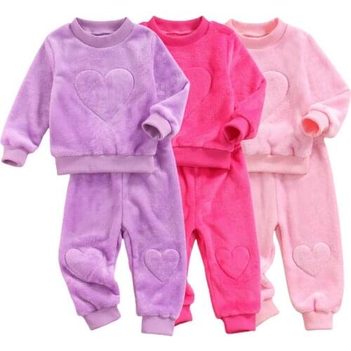 2Pcs Kids Tracksuit Autumn Winter Baby Girls Clothes Sets Solid Fleece Heart Pattern Long Sleeve Pullover Sweatshirt Pants 1-5Y